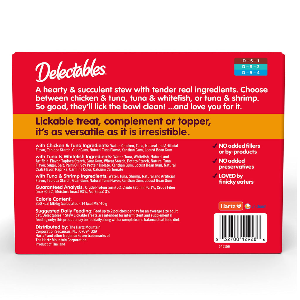 Delectables Lickable Treat Stew Wet Cat Treat Variety Pack, Food Topper, Hydrating, Grain-Free, No Fillers, No By-Products, No Added Preservatives, 1.4oz Pouch, 12ct