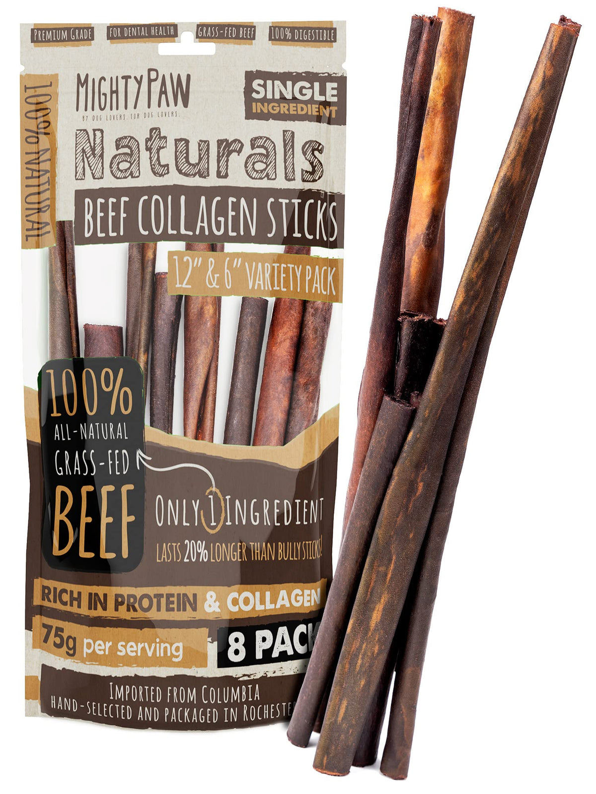 Mighty Paw 12" Bully Sticks for Dogs - Large, Medium and Small Breeds Chew