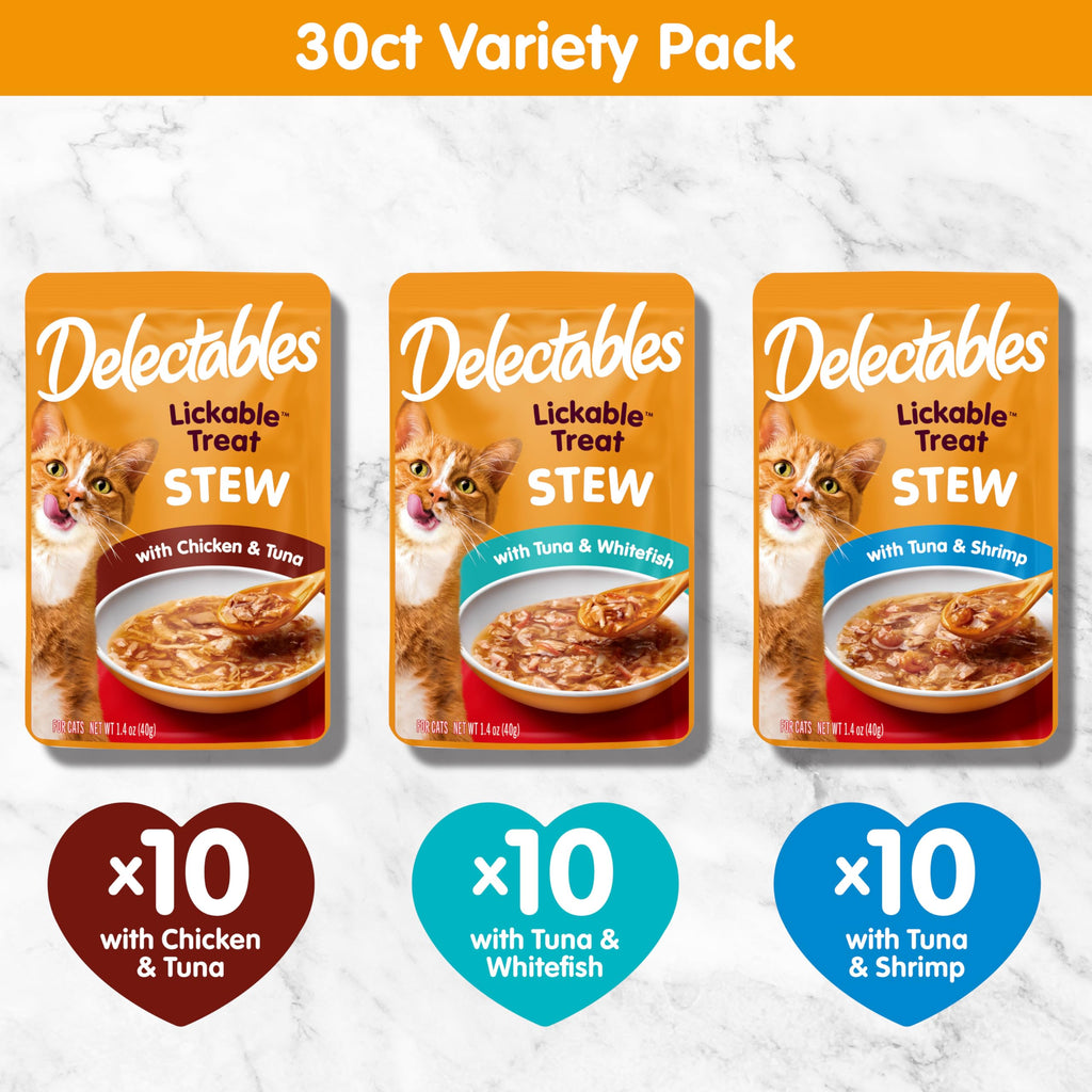 Delectables Lickable Treat Stew Wet Cat Treat Variety Pack, Food Topper, Hydrating, Grain-Free, No Fillers, No By-Products, No Added Preservatives, 1.4oz Pouch, 12ct