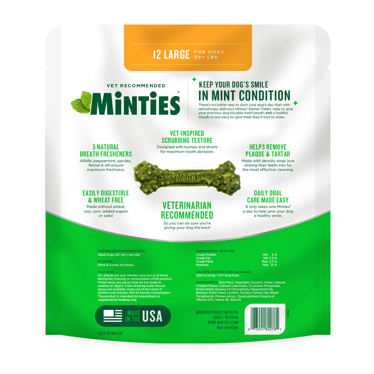 Minties Dental Chews for Dogs, 36 Count, Vet-Recommended Mint-Flavored Dog Treats for Large Breeds Over 50 lbs, Dental Bones Clean Teeth, Fight Bad Breath, Removes Plaque and Tartar