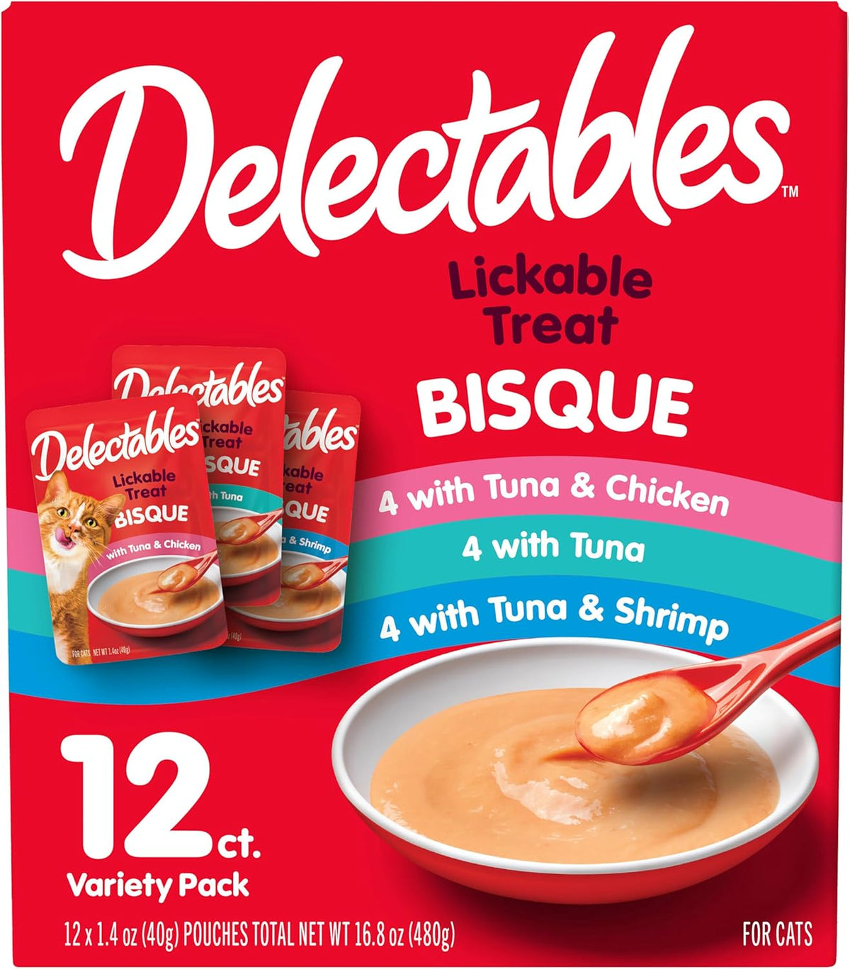 Delectables Lickable Treat Bisque Wet Cat Treat Variety Pack, Food Topper, Hydrating, Grain-Free, No Fillers, No By-Products, No Added Preservatives, 1.4oz Pouch, 30ct