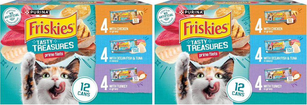 Friskies Purina Wet Cat Food Variety Pack, Tasty Treasures Prime Filets (with Ocean Fish and Tuna, with Chicken and with_Turkey) - 5.5 Ounce (Pack of 24)