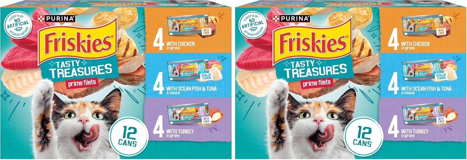 Friskies Purina Wet Cat Food Variety Pack, Tasty Treasures Prime Filets (with Ocean Fish and Tuna, with Chicken and with_Turkey) - 5.5 Ounce (Pack of 24)