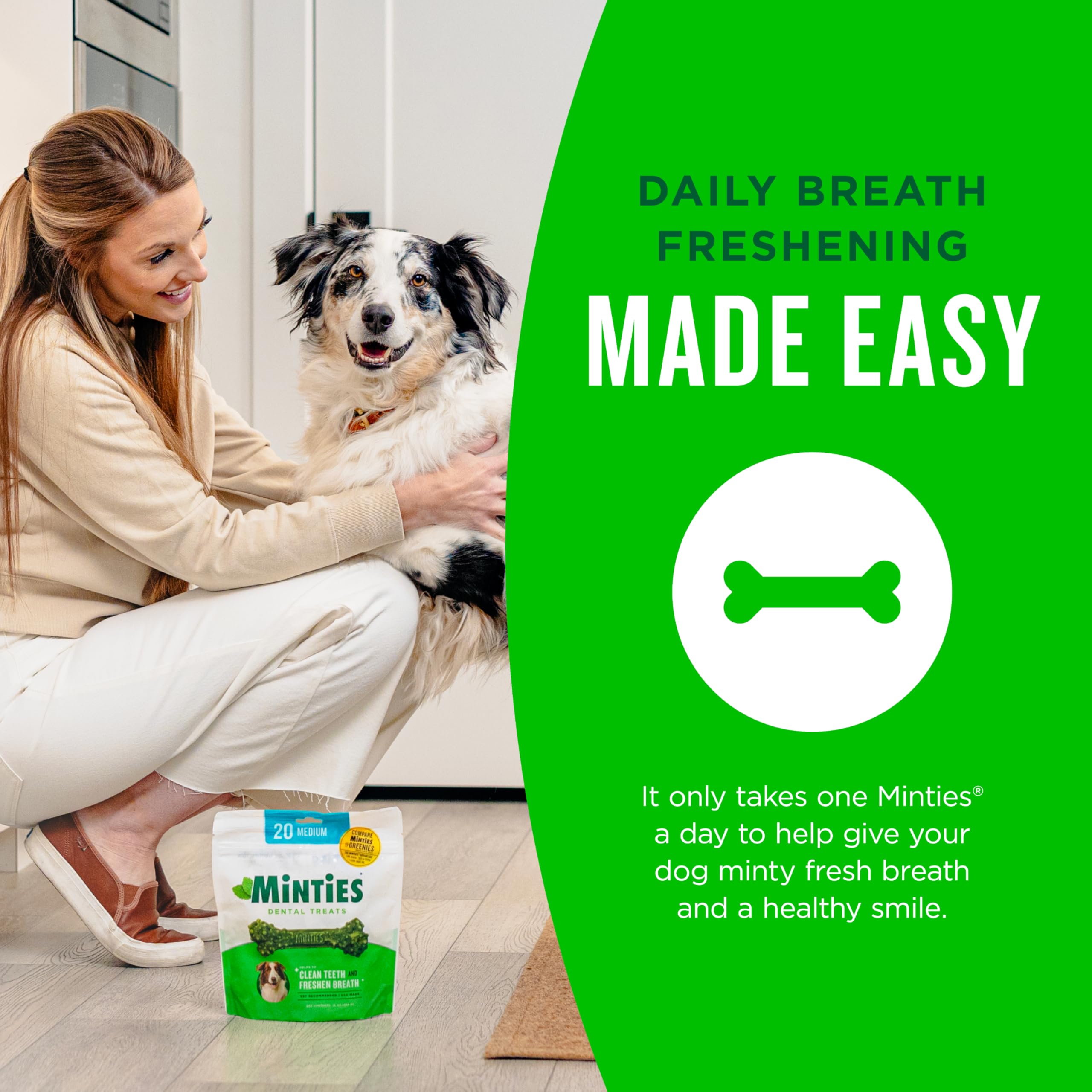 Minties Dental Chews for Dogs, 36 Count, Vet-Recommended Mint-Flavored Dog Treats for Large Breeds Over 50 lbs, Dental Bones Clean Teeth, Fight Bad Breath, Removes Plaque and Tartar