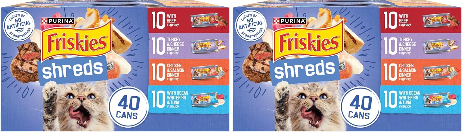 Purina Friskies Wet Cat Food Variety Pack, Shreds, 40 Pack 5.5 oz Cans