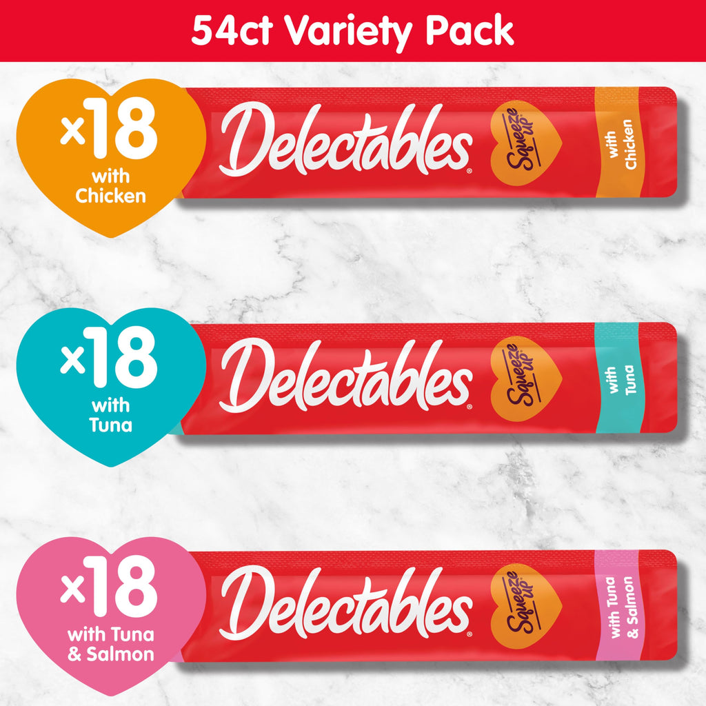 Delectables Squeeze Up Variety Pack, Creamy Squeezable Puree, Lickable Wet Cat Treats, Grain Free, No Added Fillers, No by-Products, No Added Preservatives, 0.5 Ounces Tube, 20 Tubes Total