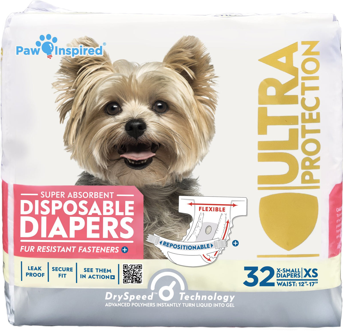 Paw Inspired 32ct Disposable Dog Diapers | Female Dog Diapers Ultra Protection | Diapers for Dogs in Heat, Excitable Urination, or Incontinence (Medium)