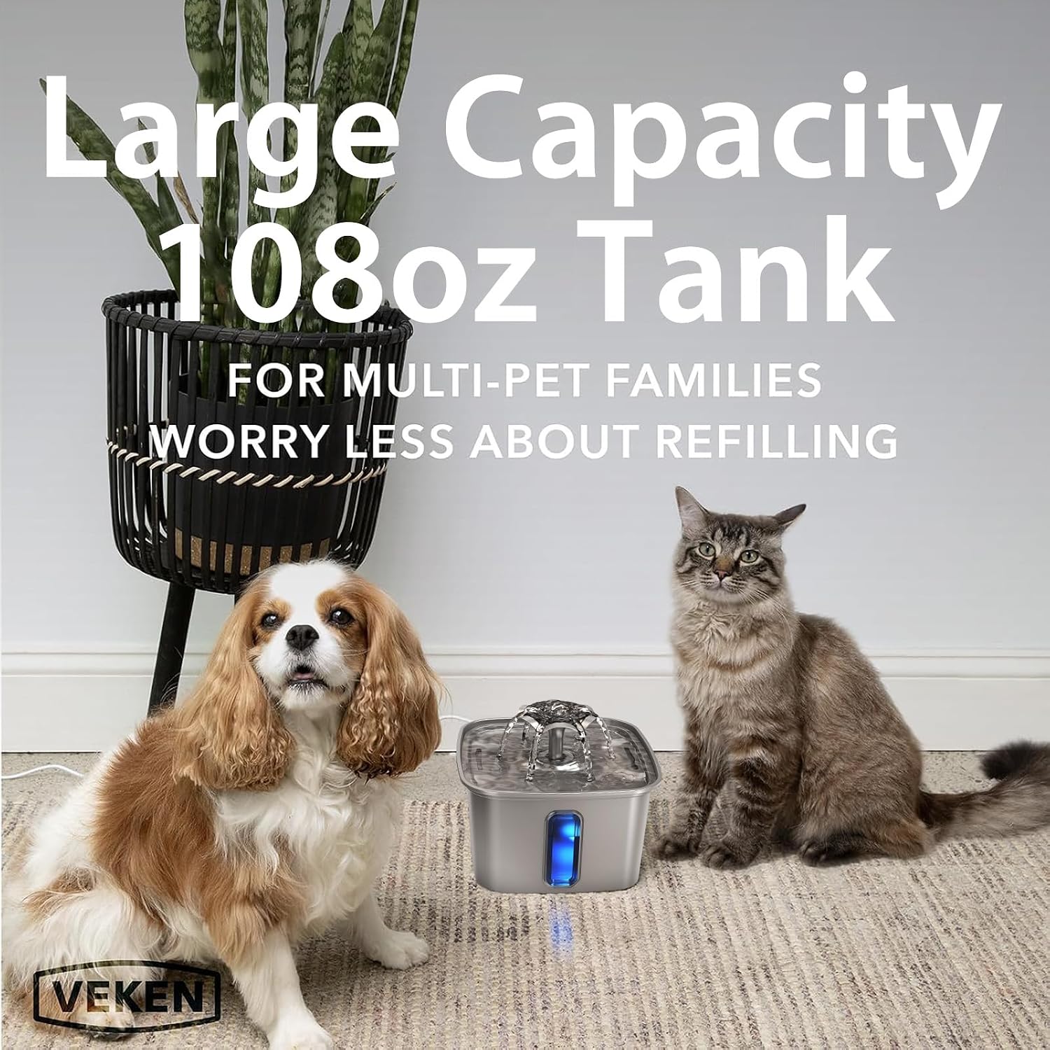 Veken Innovation Award Winner Stainless Steel Cat Water Fountain, 108oz