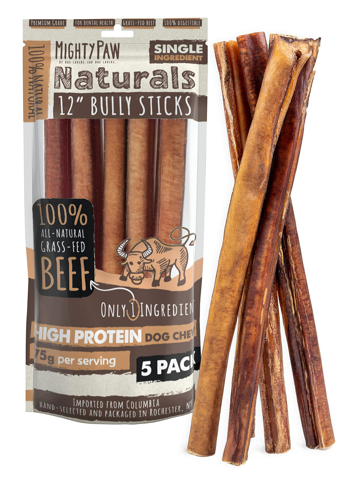 Mighty Paw 12" Bully Sticks for Dogs - Large, Medium and Small Breeds Chew