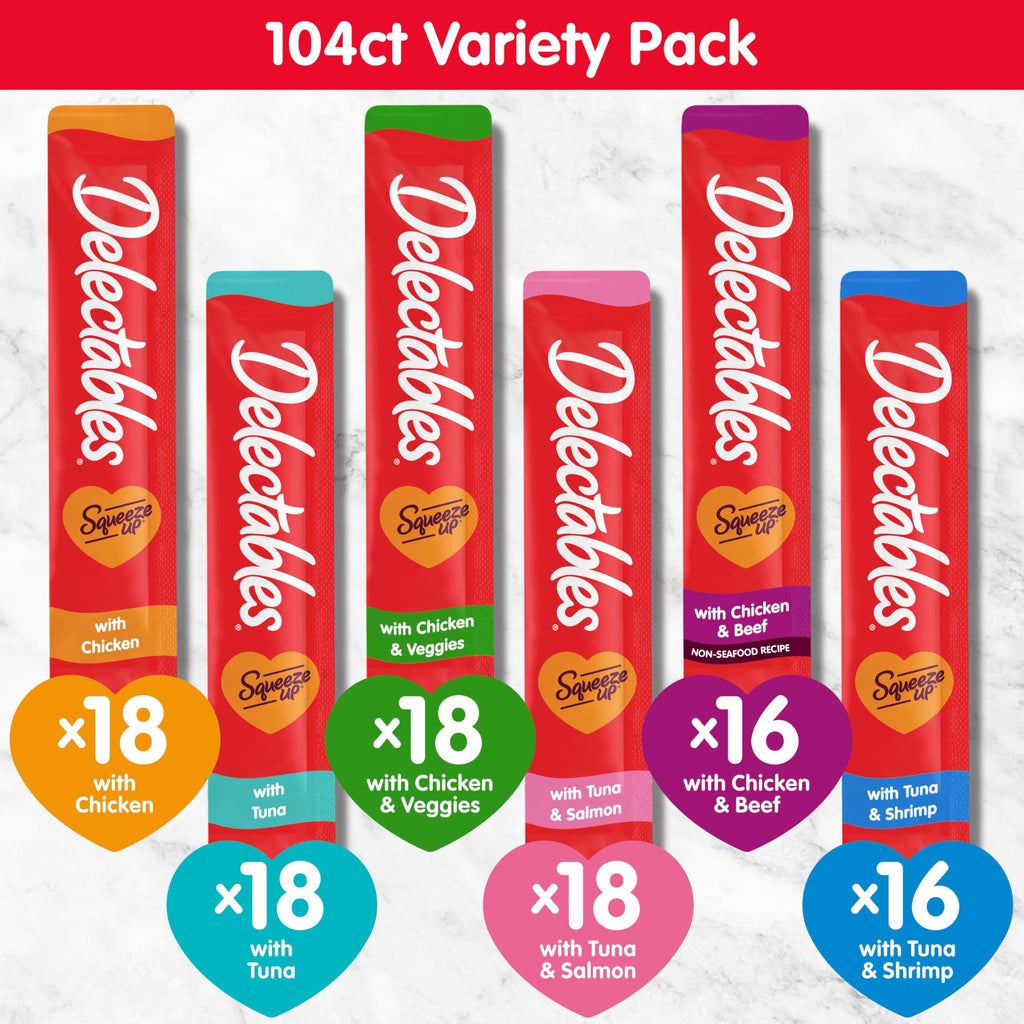 Delectables Squeeze Up Variety Pack, Creamy Squeezable Puree, Lickable Wet Cat Treats, Grain Free, No Added Fillers, No by-Products, No Added Preservatives, 0.5 Ounces Tube, 20 Tubes Total
