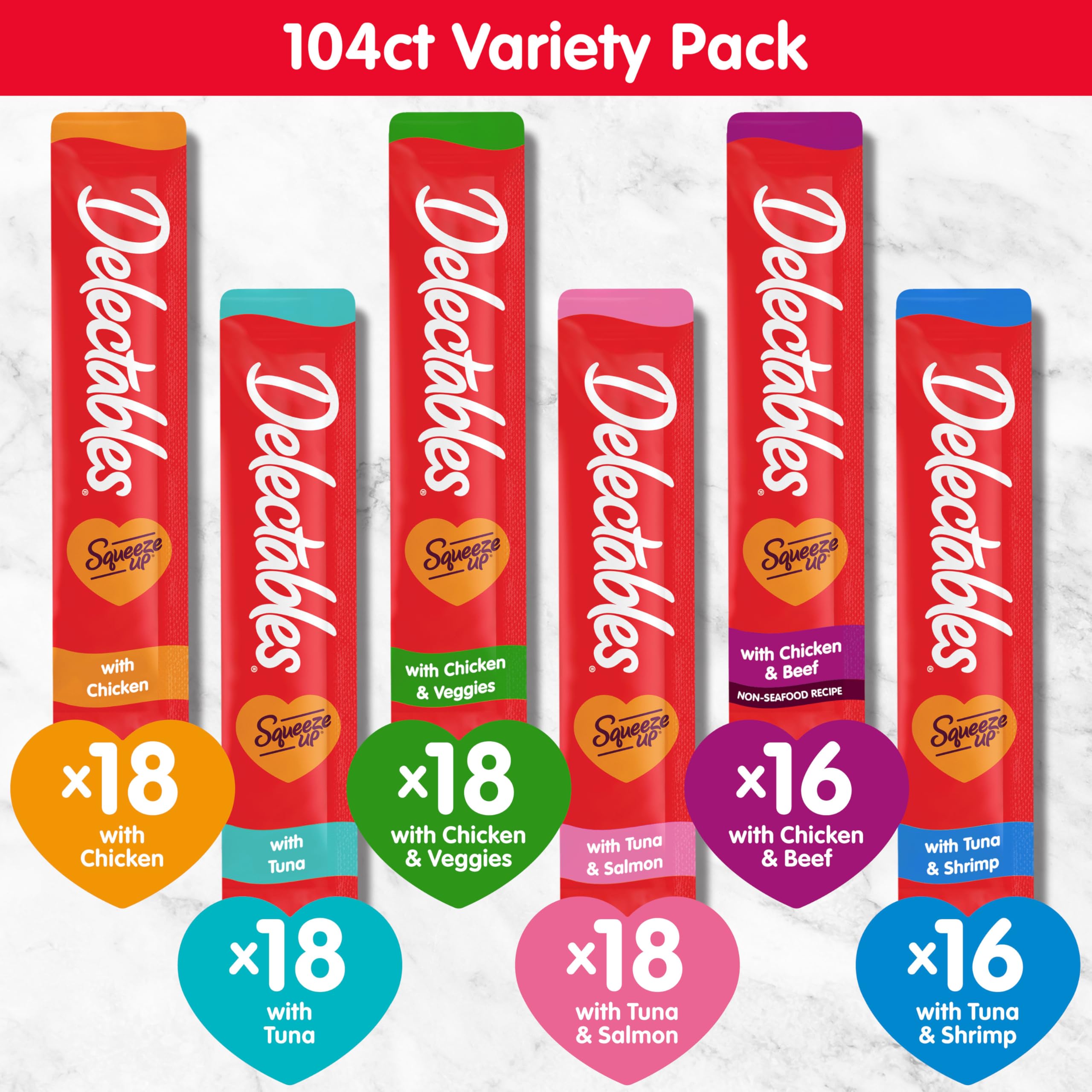 Delectables Squeeze Up Variety Pack, Creamy Squeezable Puree, Lickable Wet Cat Treats, Grain Free, No Added Fillers, No by-Products, No Added Preservatives, 0.5 Ounces Tube, 20 Tubes Total