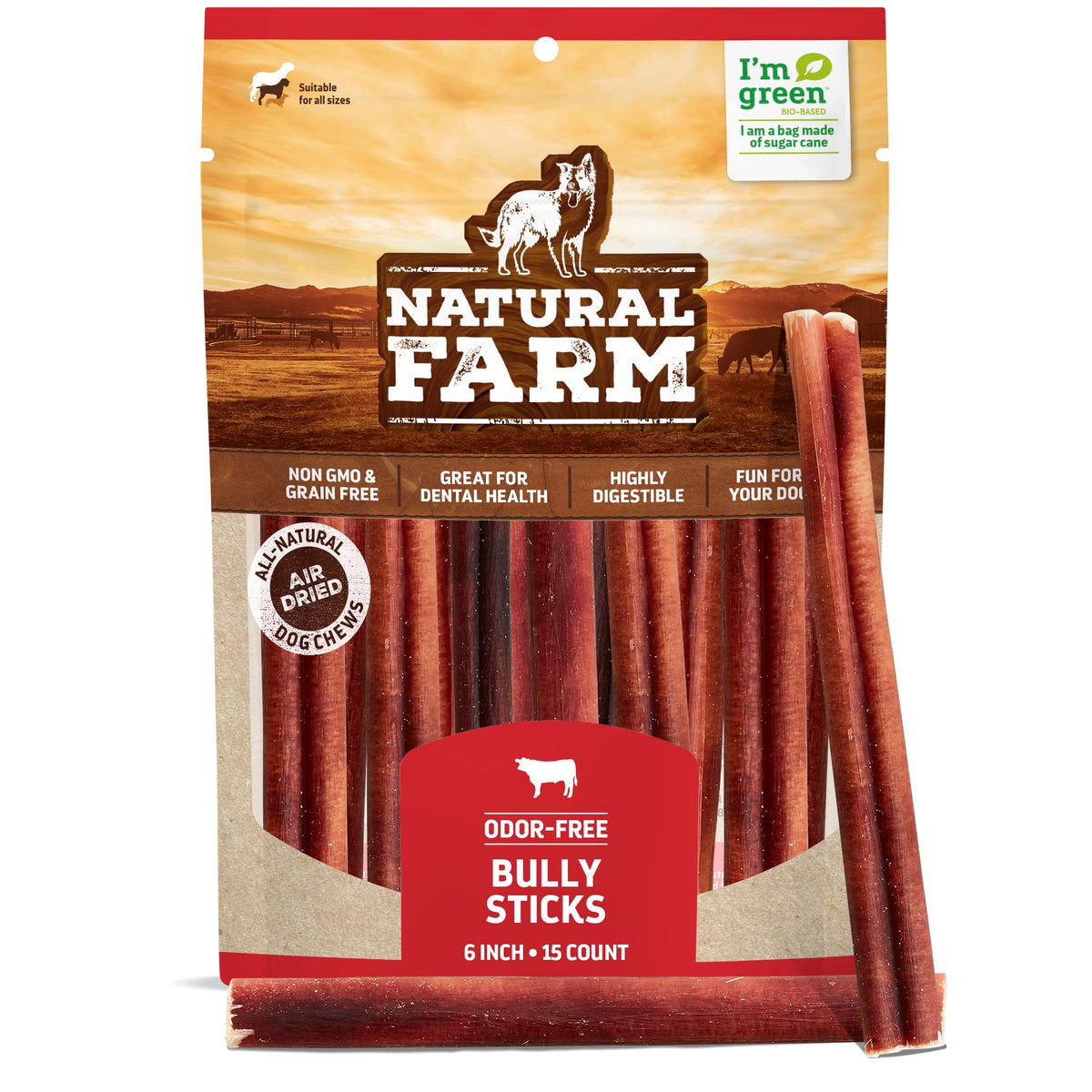 Natural Farm Odor-Free Bully Sticks (6 Inch, 25 count),1.3 lb. Bag, Fully Digestible 100% Beef Pizzle Chews,Grass-Fed, Non-GMO,Grain-Free, Natural Long-Lasting Chews for Small & Large Dogs. Pack of 25