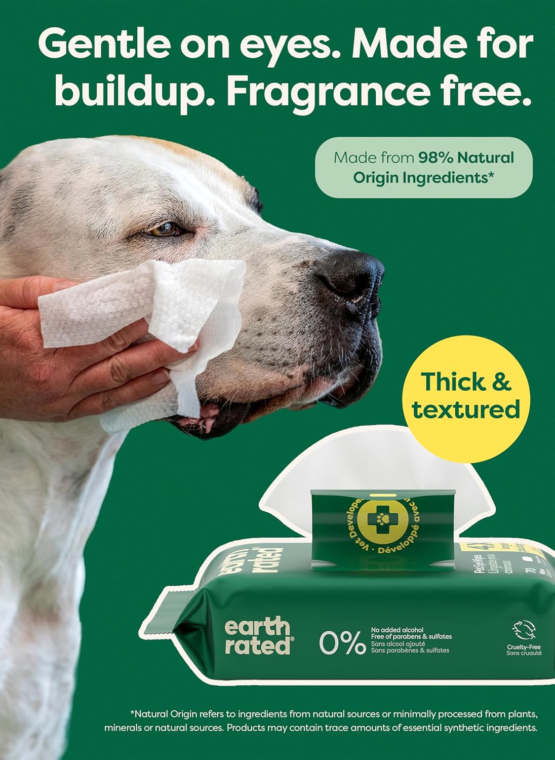 Earth Rated Pet Wipes for Dogs and Cats, Hypoallergenic, Cleaning and Hydrating, for Paws, Body and Butt (Eye Wipes Unscented, 70 Grooming Wipes)