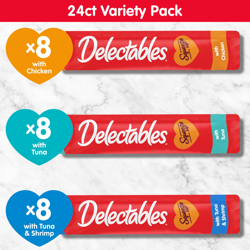 Delectables Squeeze Up Variety Pack, Creamy Squeezable Puree, Lickable Wet Cat Treats, Grain Free, No Added Fillers, No by-Products, No Added Preservatives, 0.5 Ounces Tube, 20 Tubes Total