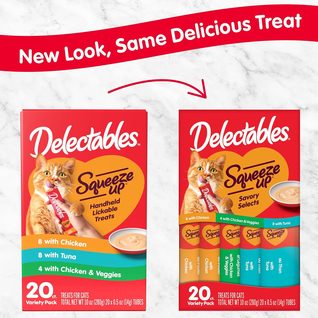 Delectables Squeeze Up Variety Pack, Creamy Squeezable Puree, Lickable Wet Cat Treats, Grain Free, No Added Fillers, No by-Products, No Added Preservatives, 0.5 Ounces Tube, 20 Tubes Total