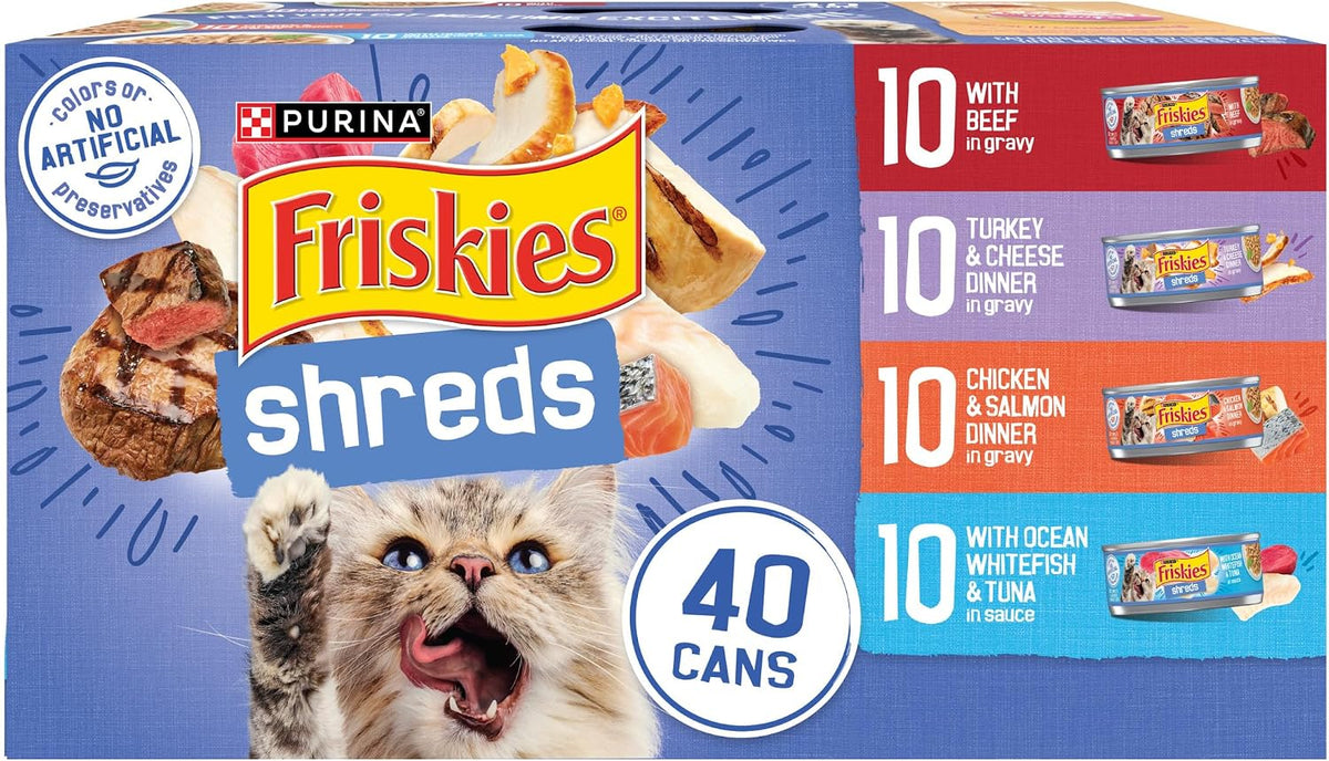 Purina Friskies Wet Cat Food Variety Pack, Shreds, 40 Pack 5.5 oz Cans