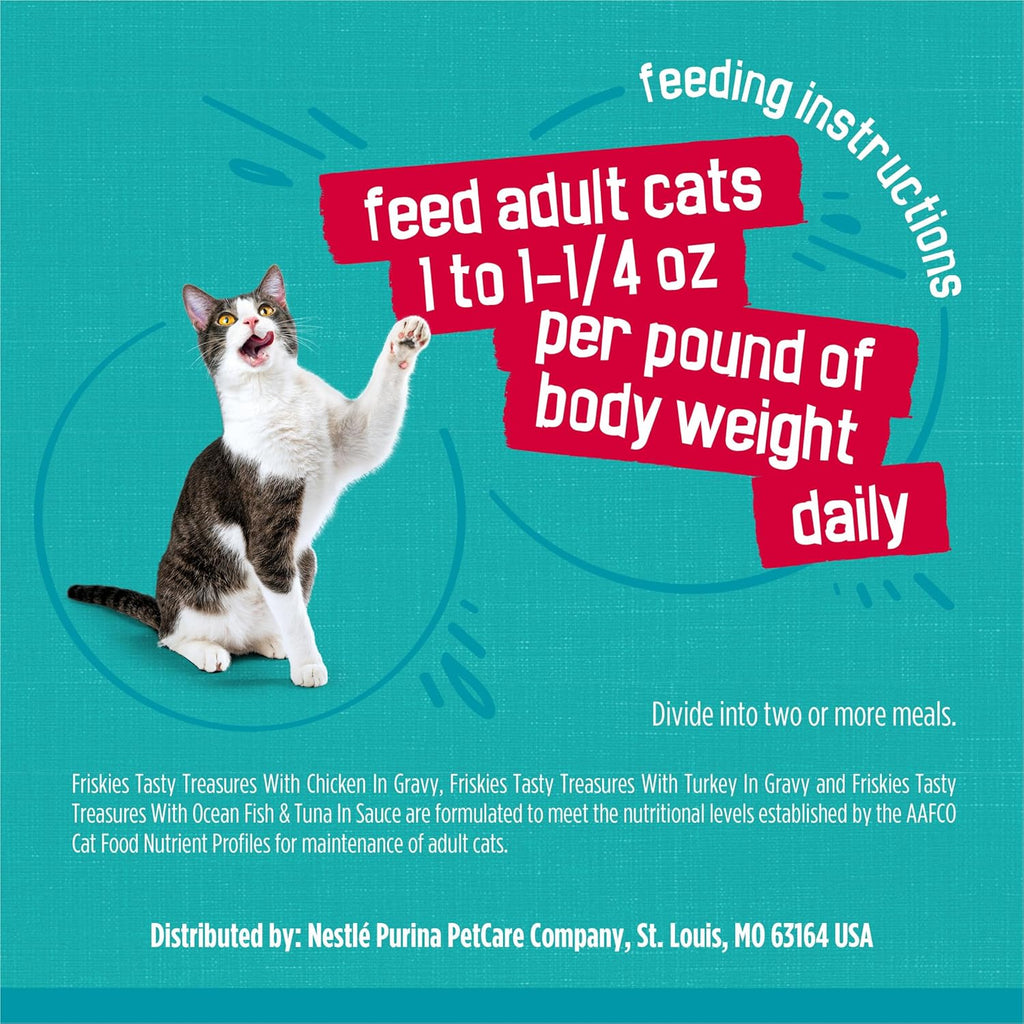 Friskies Purina Wet Cat Food Variety Pack, Tasty Treasures Prime Filets (with Ocean Fish and Tuna, with Chicken and with_Turkey) - 5.5 Ounce (Pack of 24)