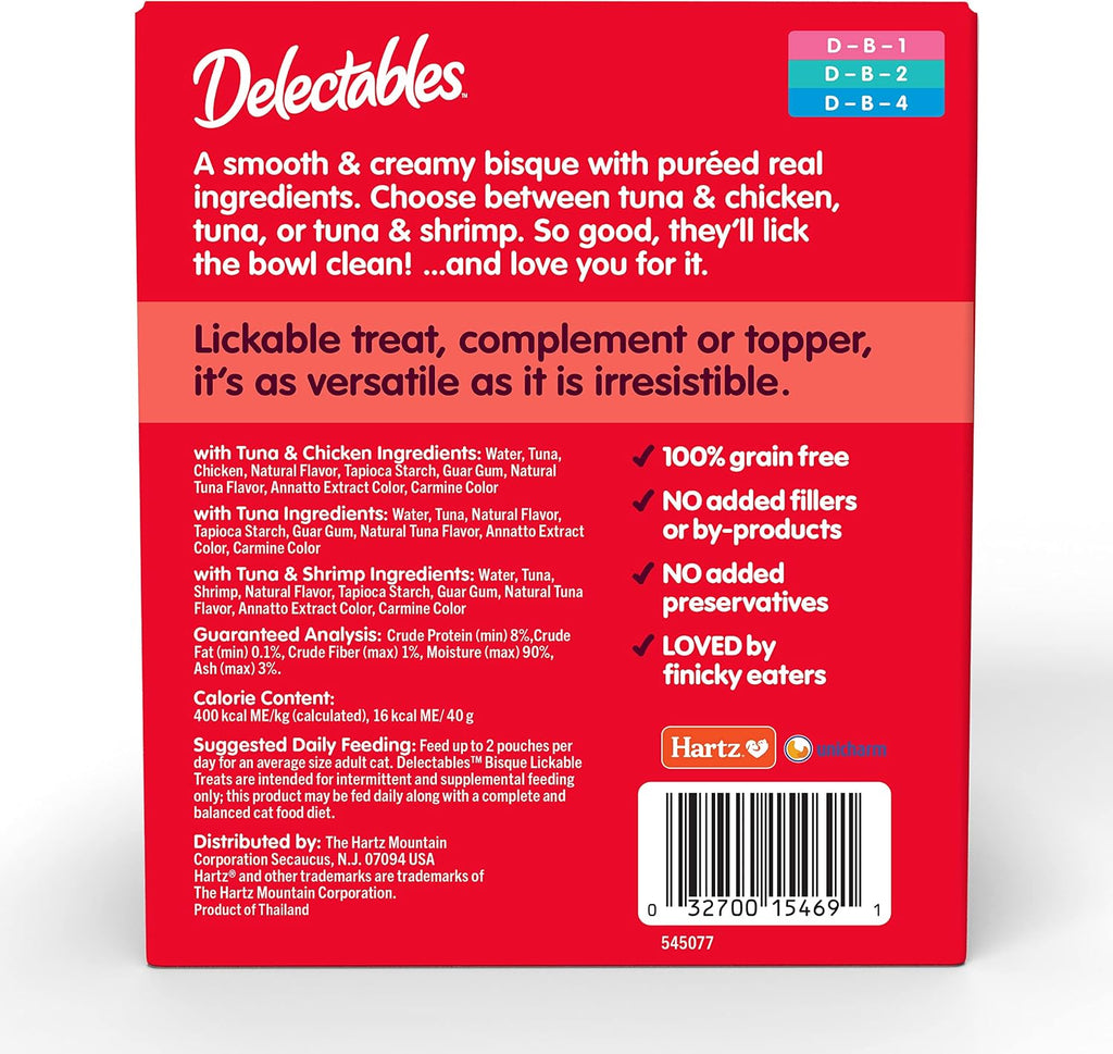 Delectables Lickable Treat Bisque Wet Cat Treat Variety Pack, Food Topper, Hydrating, Grain-Free, No Fillers, No By-Products, No Added Preservatives, 1.4oz Pouch, 30ct