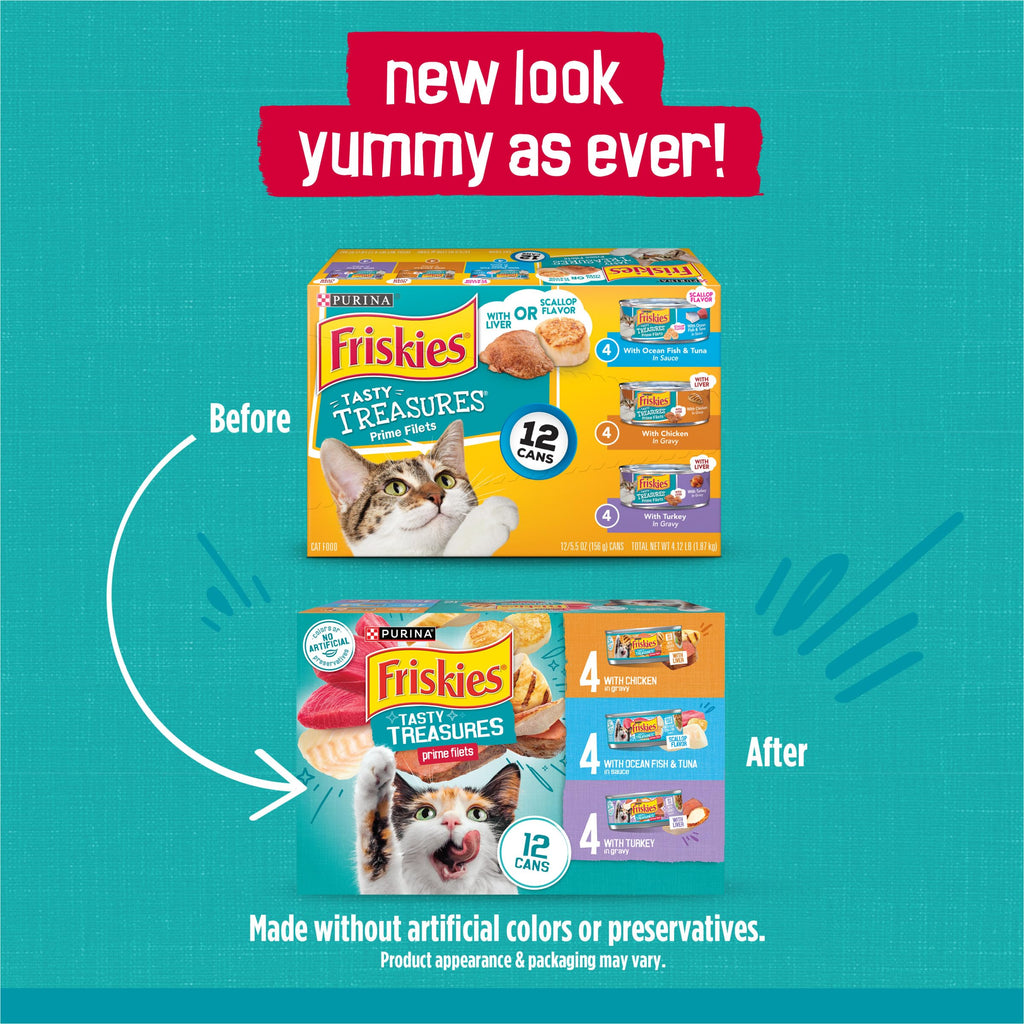 Friskies Purina Wet Cat Food Variety Pack, Tasty Treasures Prime Filets (with Ocean Fish and Tuna, with Chicken and with_Turkey) - 5.5 Ounce (Pack of 24)