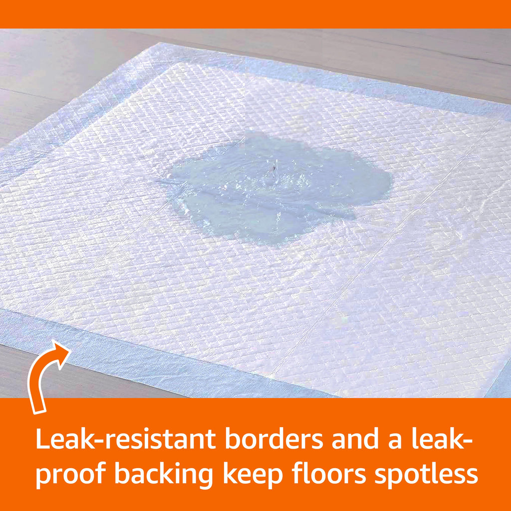 Amazon Basics X-Large Heavy Duty Absorbent Puppy Potty Pads, Leak-Proof, Quick-Dry, Super Absorbent Gel Technology for Dog Training, 28 x 34 Inches, Blue & White, Pack of 50