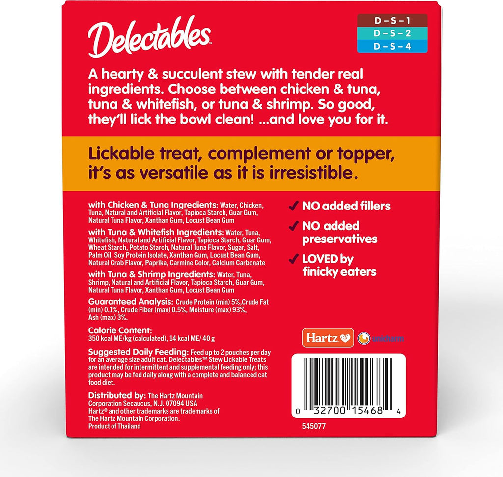 Delectables Lickable Treat Stew Wet Cat Treat Variety Pack, Food Topper, Hydrating, Grain-Free, No Fillers, No By-Products, No Added Preservatives, 1.4oz Pouch, 12ct