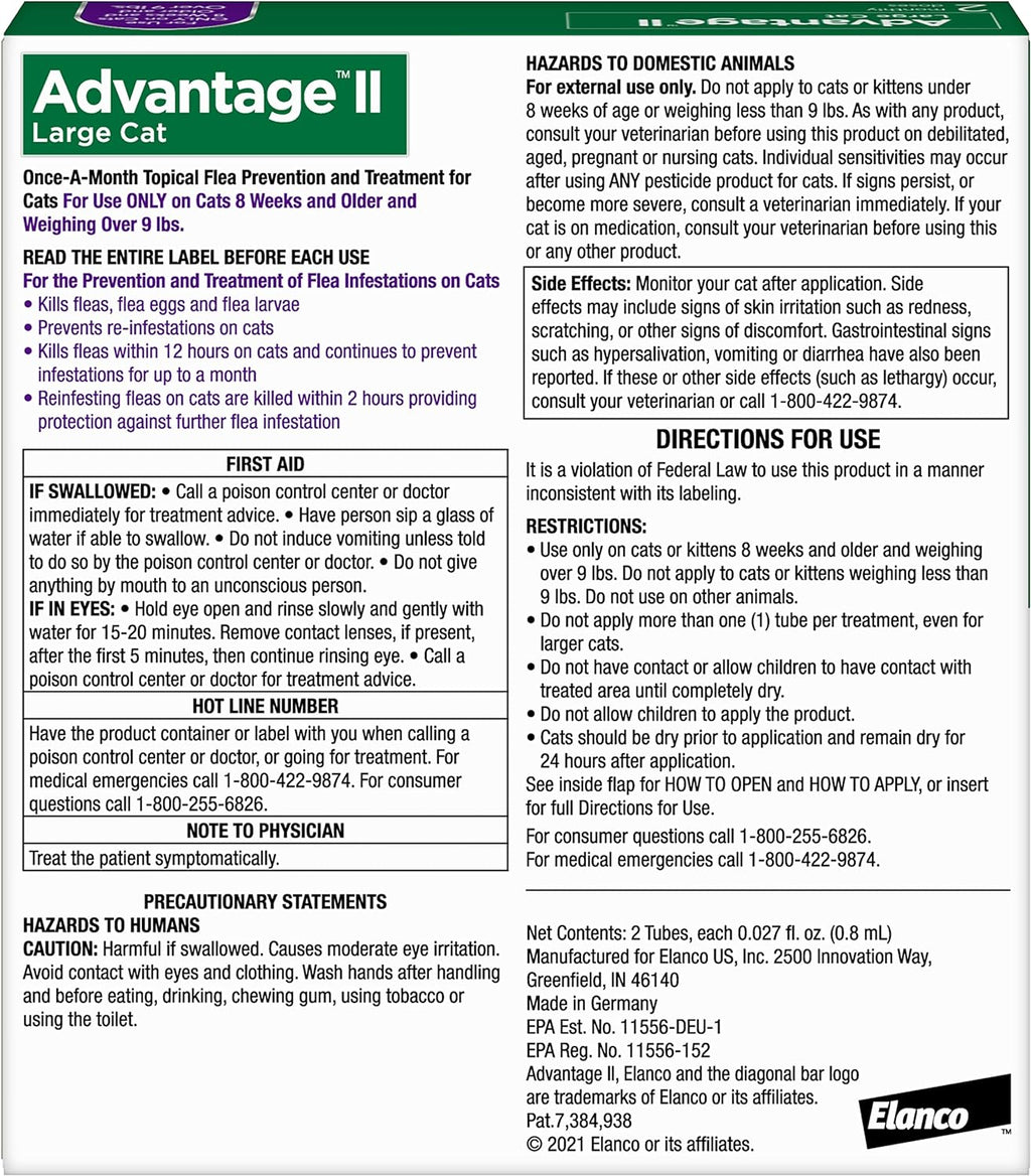 Advantage II Large Cat Vet-Recommended Flea Treatment & Prevention | Cats Over 9 lbs. | 2-Month Supply