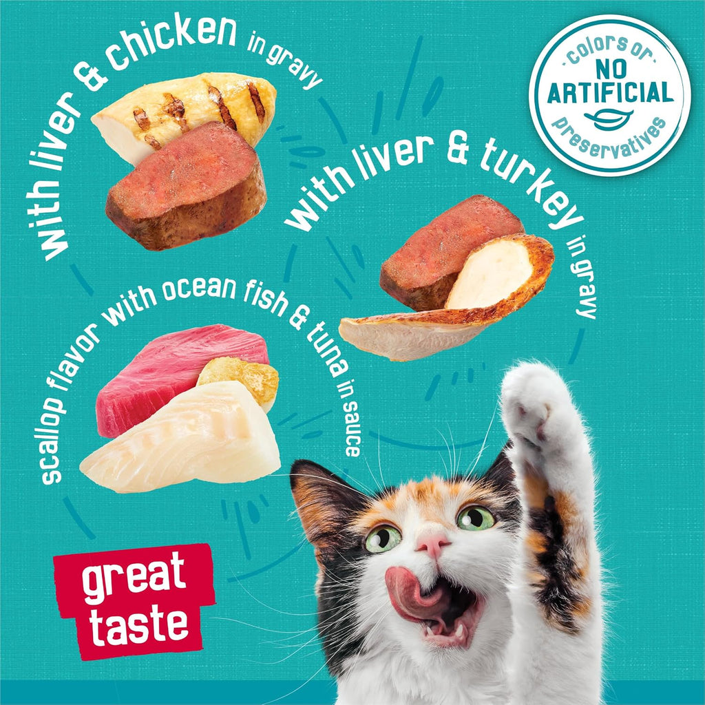 Friskies Purina Wet Cat Food Variety Pack, Tasty Treasures Prime Filets (with Ocean Fish and Tuna, with Chicken and with_Turkey) - 5.5 Ounce (Pack of 24)