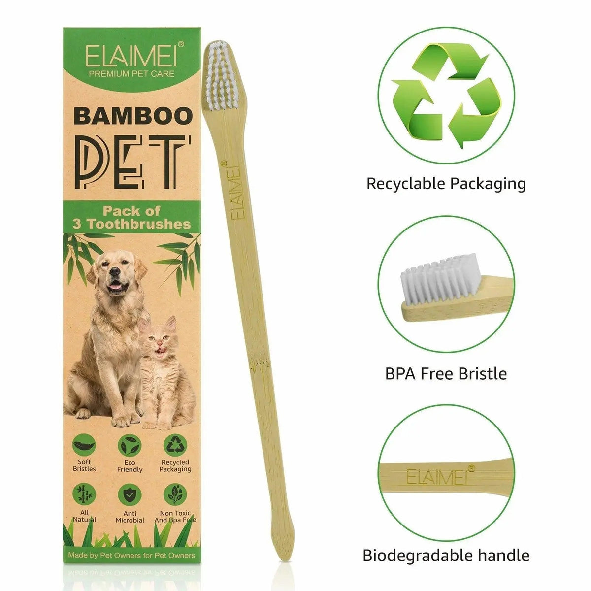 ELAIMEI Bamboo Pet Toothbrush Set